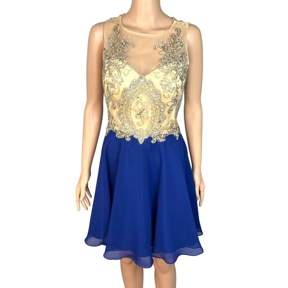Alyce Paris Beaded Illusion Bodice Royal Blue Short Formal Dress Size 10 - Picture 1 of 6